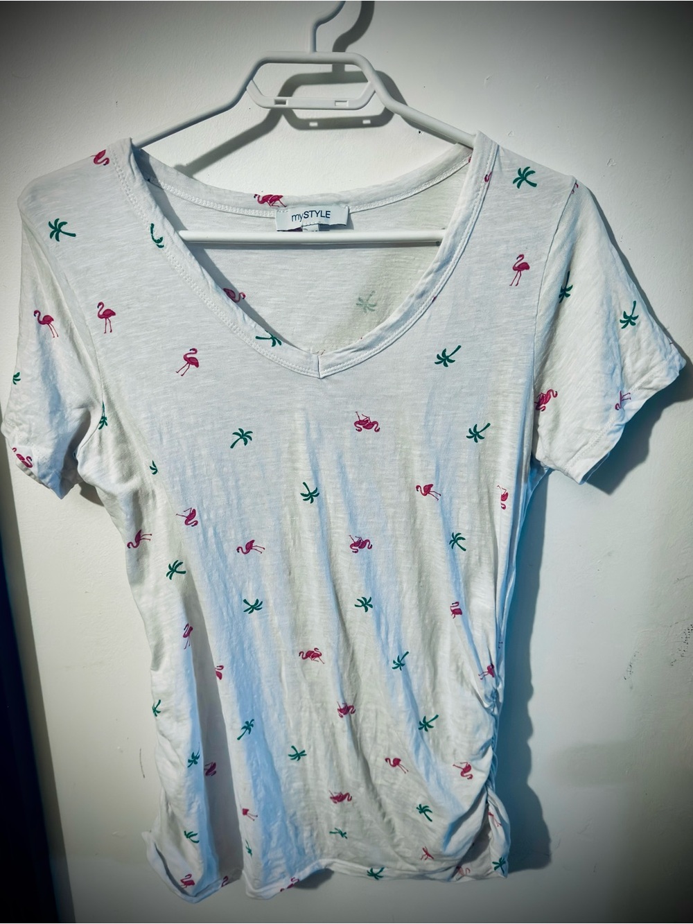 mySTYLE White V-Neck Tee with Pink Flamingo Print